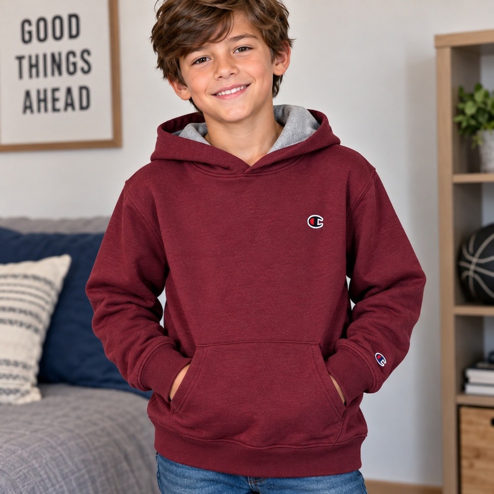 Champion Boys Powerblend Hoodie Wine Burgundy Size M 10/12 New